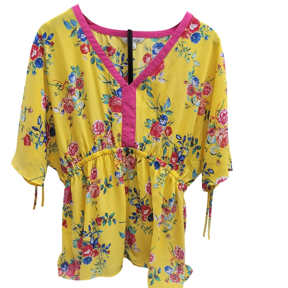NWT The Pioneer Woman Dolman Sleeve‎ Top Yellow Floral Print Ties Size L
